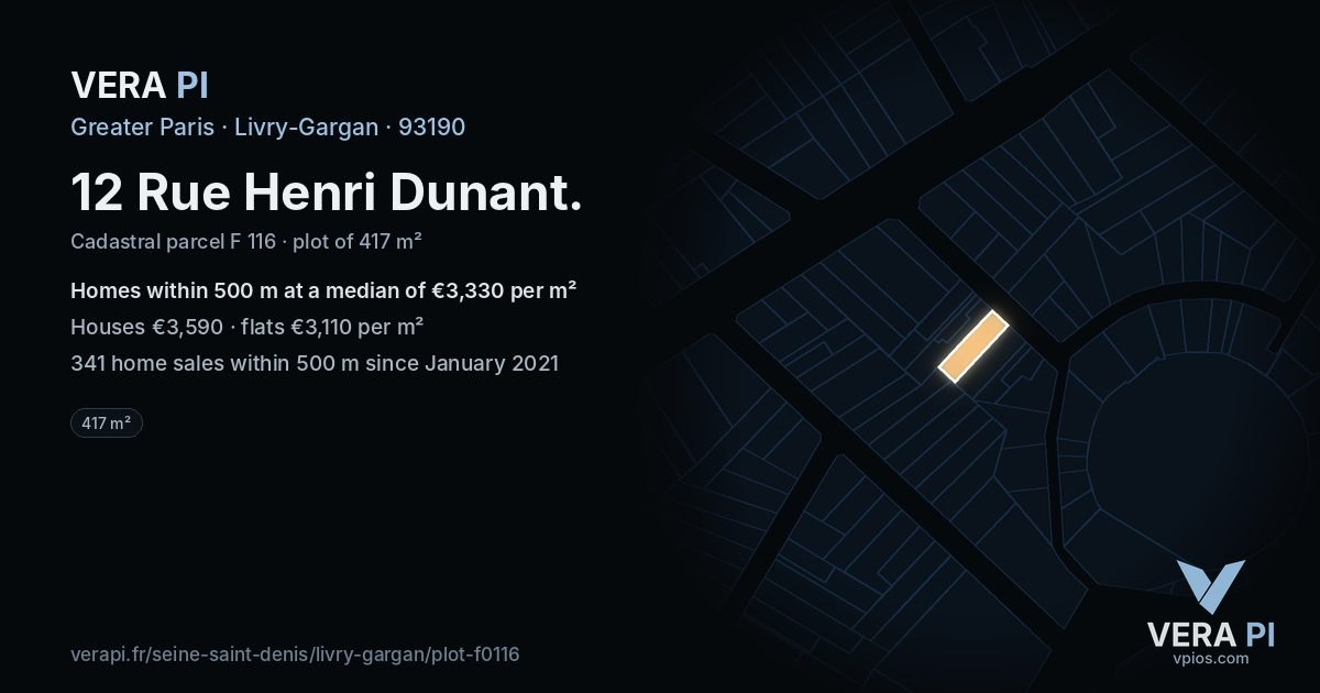 12 Rue Henri Dunant, Livry-Gargan at night – the plot lit, the parcels around coloured by the prices near them