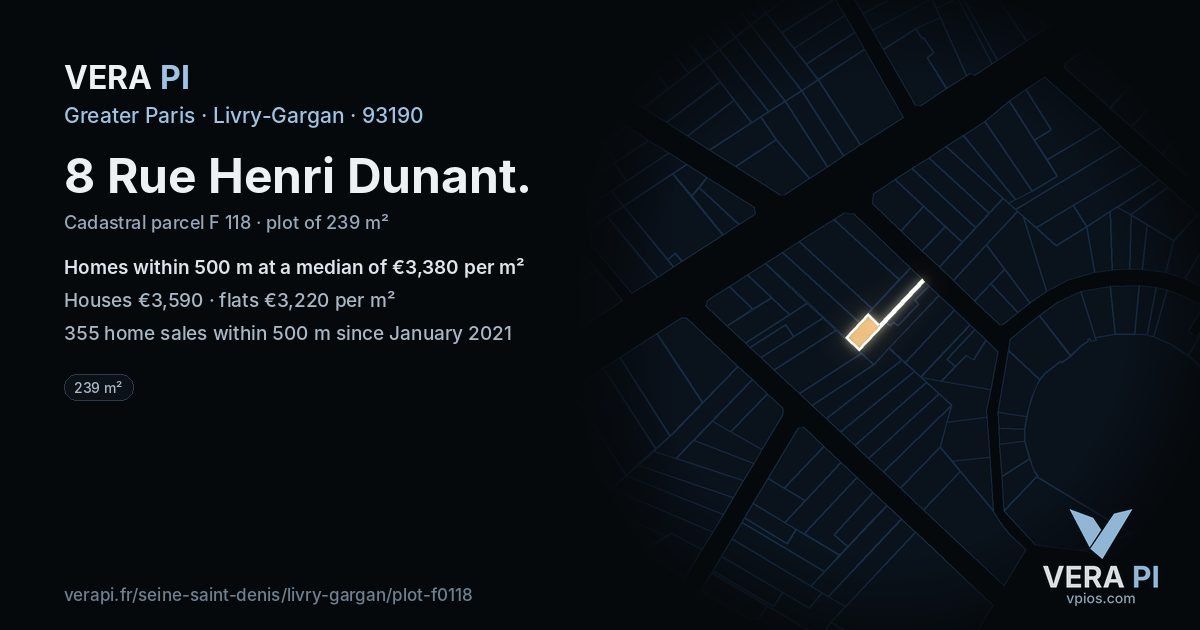 8 Rue Henri Dunant, Livry-Gargan at night – the plot lit, the parcels around coloured by the prices near them