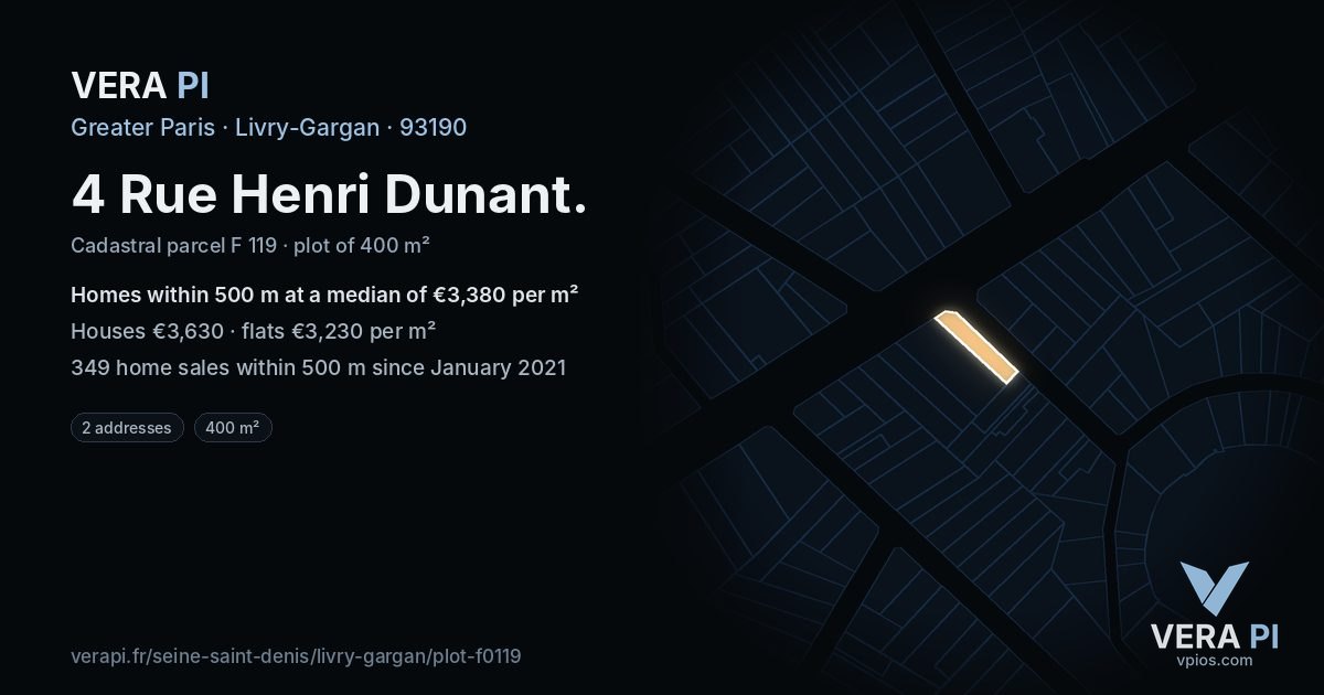 4 Rue Henri Dunant, Livry-Gargan at night – the plot lit, the parcels around coloured by the prices near them
