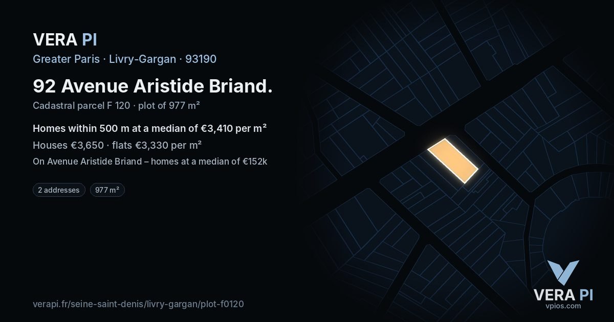 92 Avenue Aristide Briand, Livry-Gargan at night – the plot lit, the parcels around coloured by the prices near them