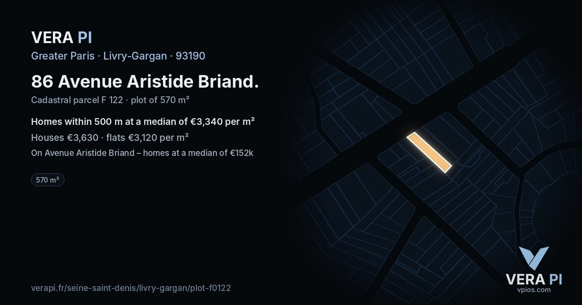 86 Avenue Aristide Briand, Livry-Gargan at night – the plot lit, the parcels around coloured by the prices near them