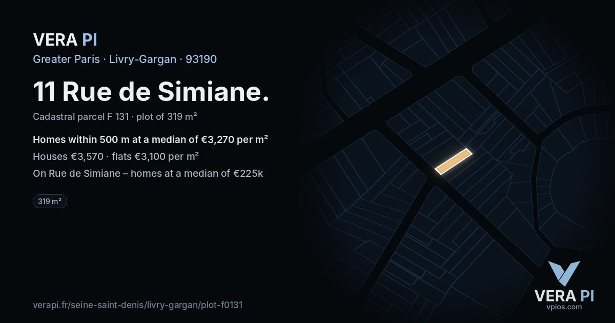 11 Rue de Simiane, Livry-Gargan at night – the plot lit, the parcels around coloured by the prices near them