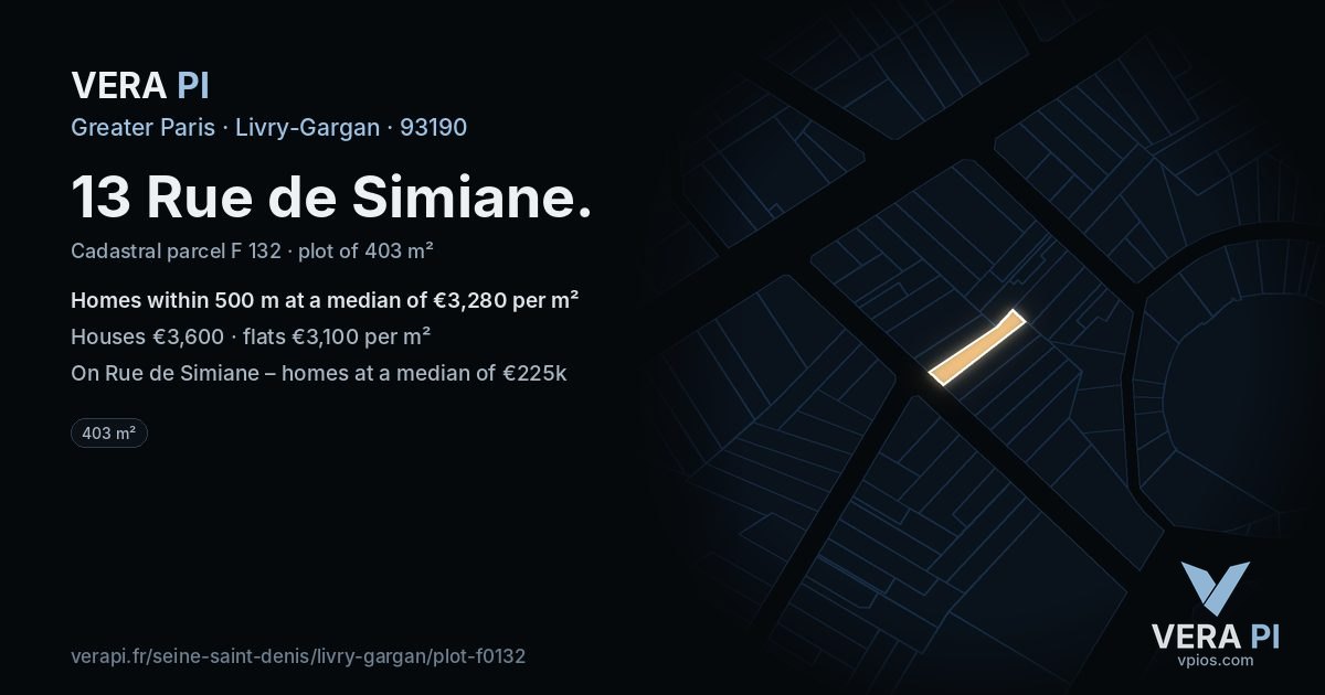 13 Rue de Simiane, Livry-Gargan at night – the plot lit, the parcels around coloured by the prices near them