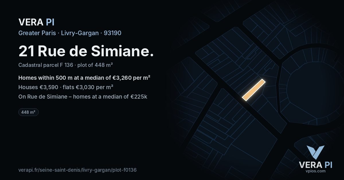 21 Rue de Simiane, Livry-Gargan at night – the plot lit, the parcels around coloured by the prices near them