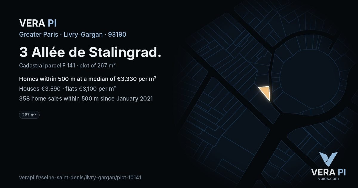 3 Allée de Stalingrad, Livry-Gargan at night – the plot lit, the parcels around coloured by the prices near them