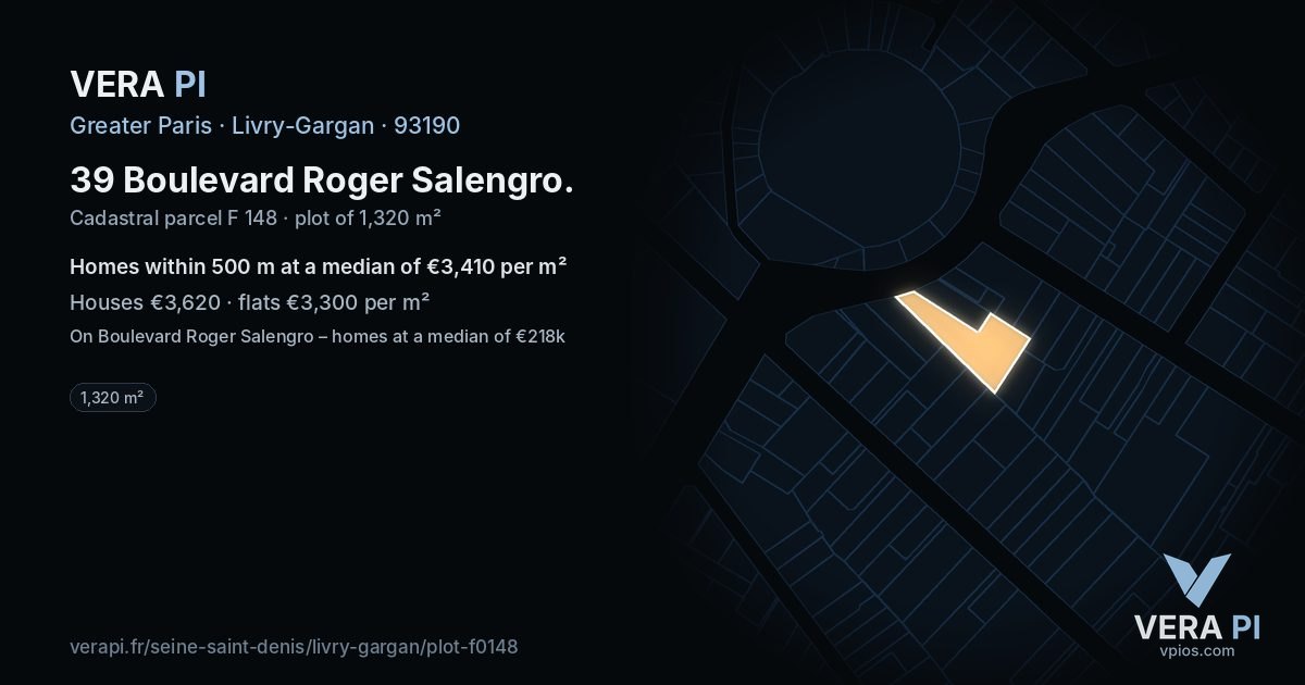 39 Boulevard Roger Salengro, Livry-Gargan at night – the plot lit, the parcels around coloured by the prices near them