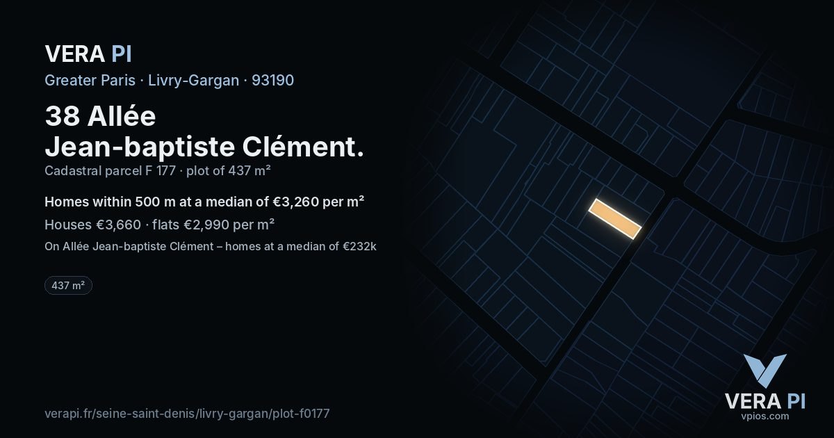 38 Allée Jean-baptiste Clément, Livry-Gargan at night – the plot lit, the parcels around coloured by the prices near them