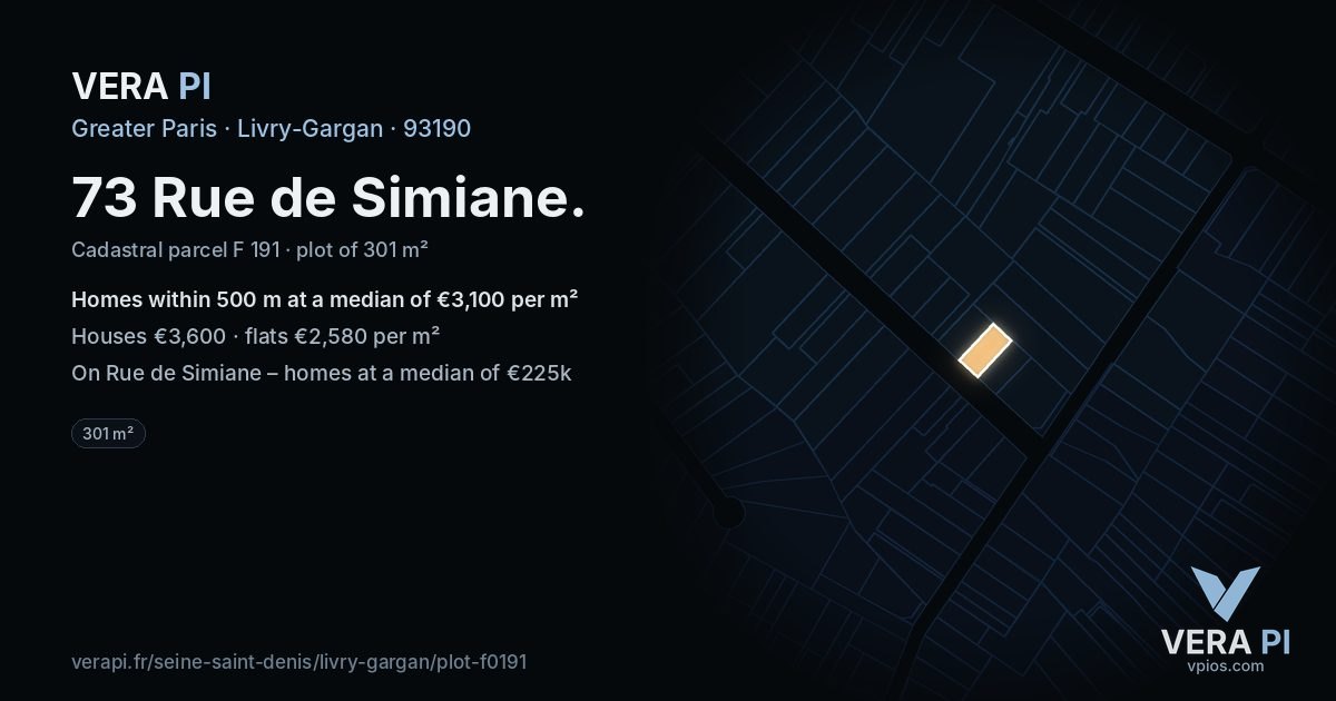 73 Rue de Simiane, Livry-Gargan at night – the plot lit, the parcels around coloured by the prices near them