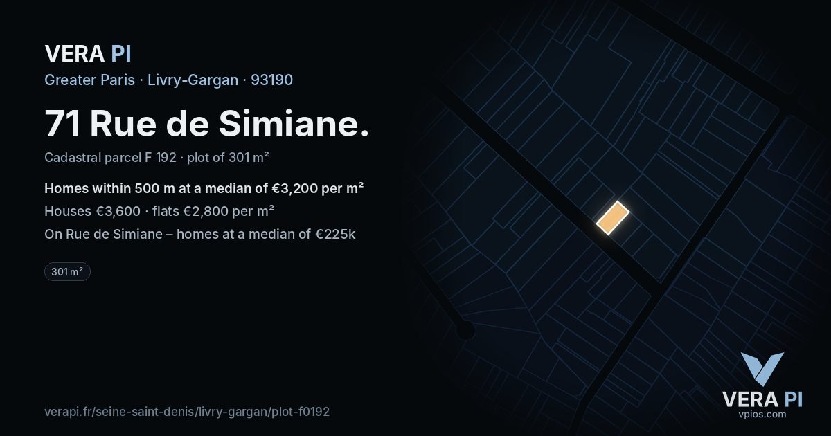 71 Rue de Simiane, Livry-Gargan at night – the plot lit, the parcels around coloured by the prices near them