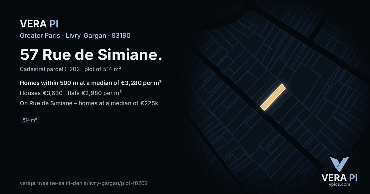 57 Rue de Simiane, Livry-Gargan at night – the plot lit, the parcels around coloured by the prices near them