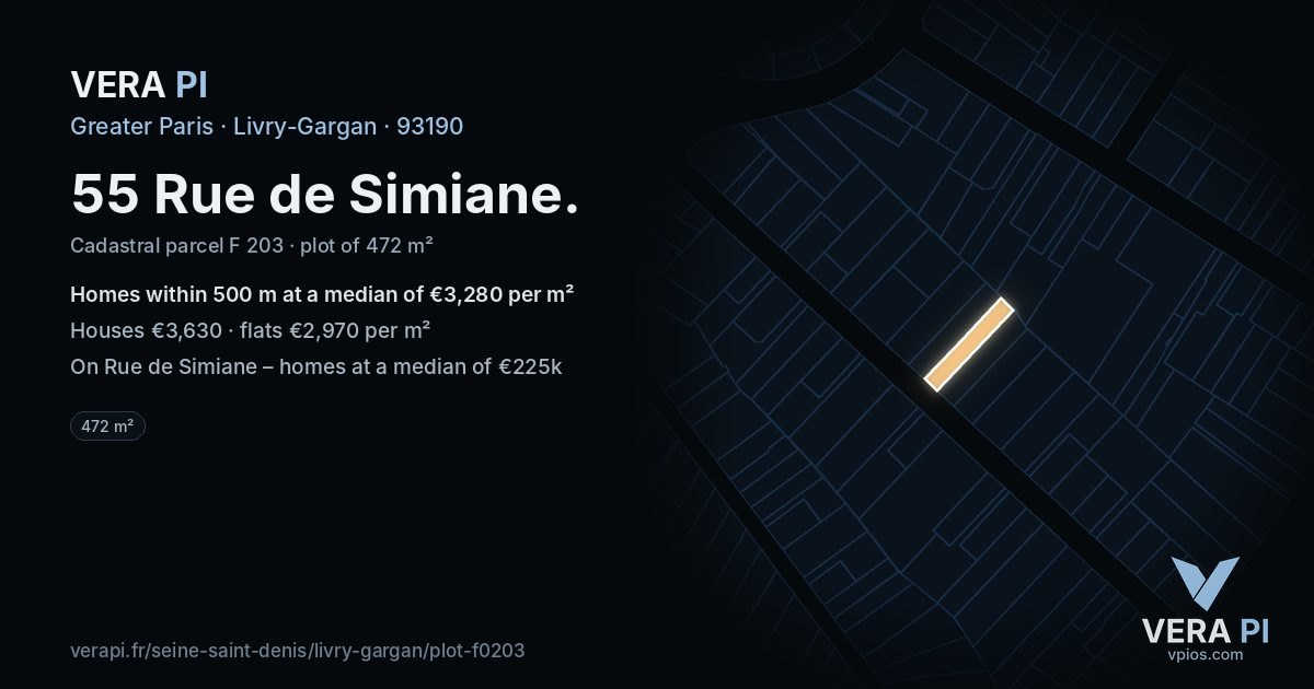 55 Rue de Simiane, Livry-Gargan at night – the plot lit, the parcels around coloured by the prices near them