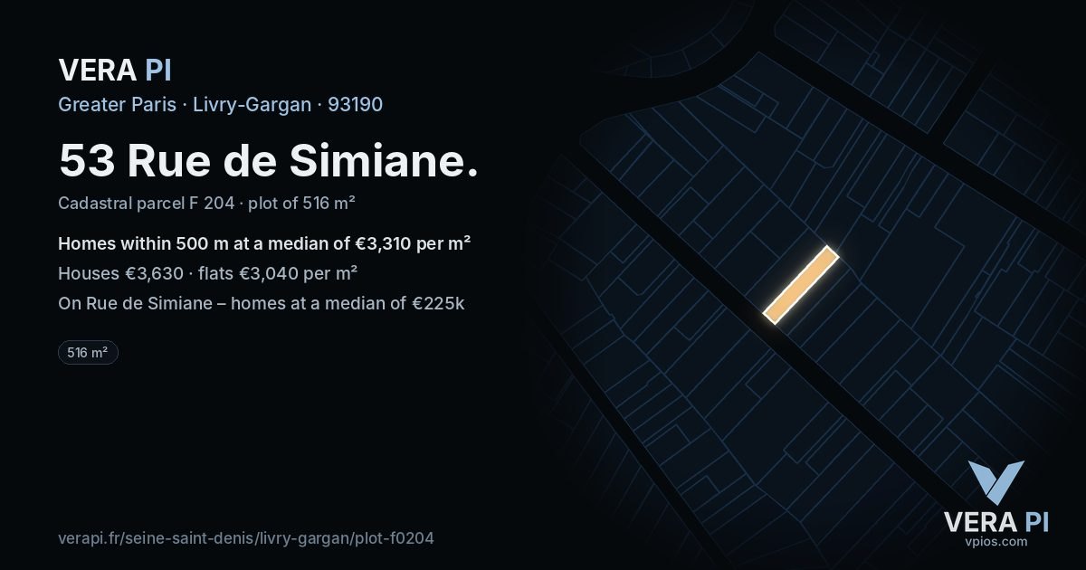 53 Rue de Simiane, Livry-Gargan at night – the plot lit, the parcels around coloured by the prices near them