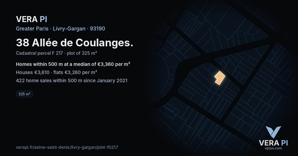 38 Allée de Coulanges, Livry-Gargan at night – the plot lit, the parcels around coloured by the prices near them