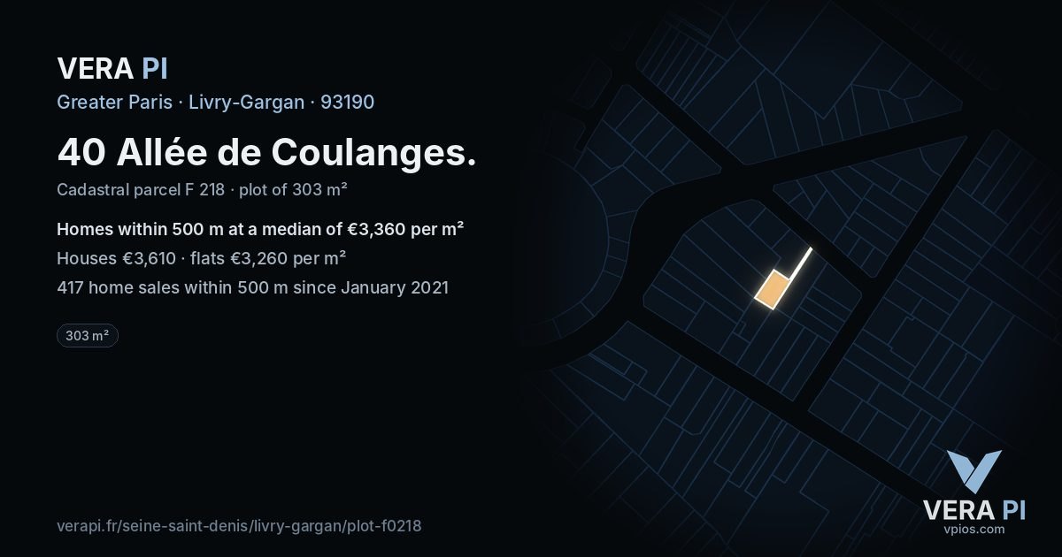 40 Allée de Coulanges, Livry-Gargan at night – the plot lit, the parcels around coloured by the prices near them