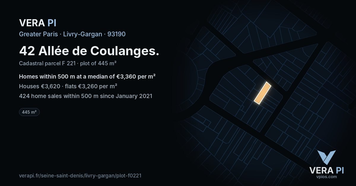 42 Allée de Coulanges, Livry-Gargan at night – the plot lit, the parcels around coloured by the prices near them