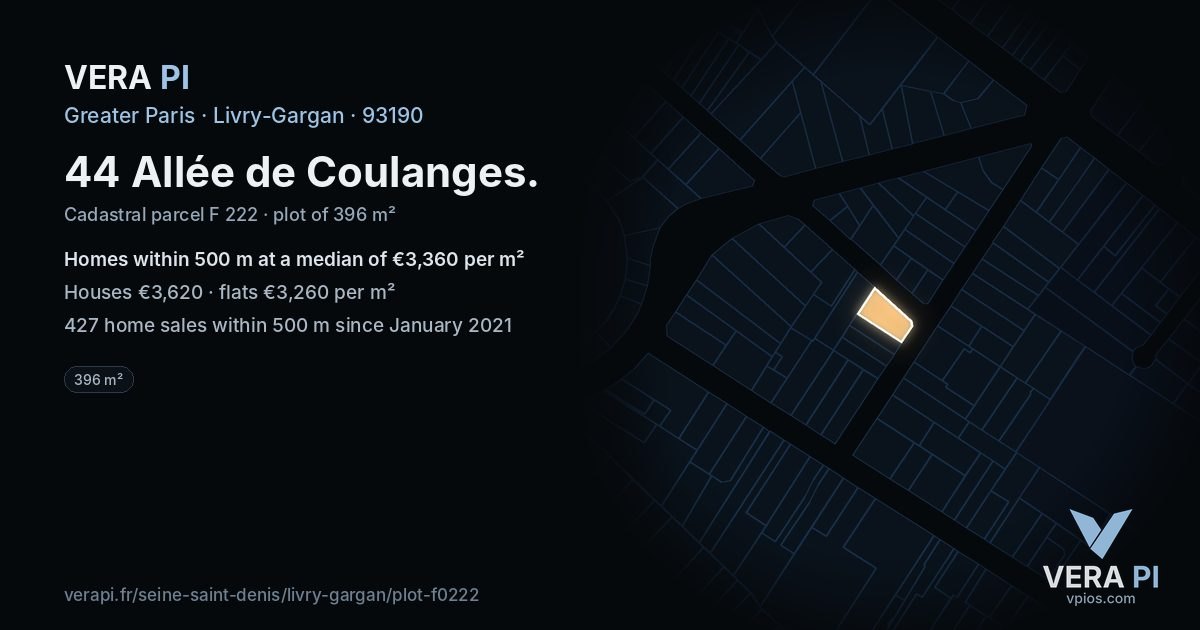 44 Allée de Coulanges, Livry-Gargan at night – the plot lit, the parcels around coloured by the prices near them