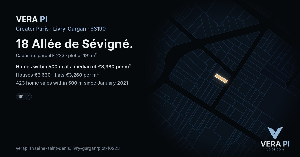 18 Allée de Sévigné, Livry-Gargan at night – the plot lit, the parcels around coloured by the prices near them