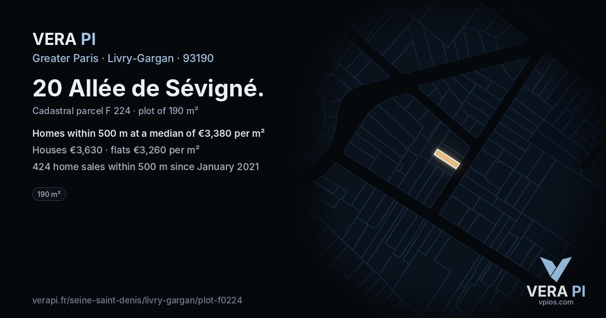 20 Allée de Sévigné, Livry-Gargan at night – the plot lit, the parcels around coloured by the prices near them