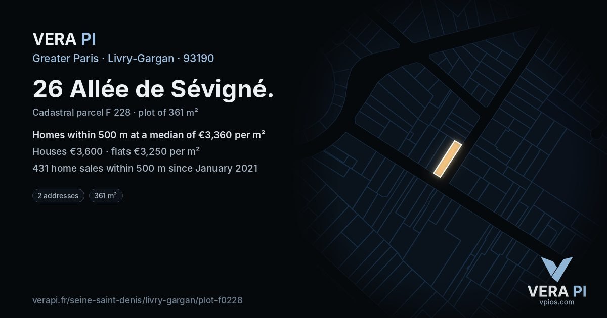 26 Allée de Sévigné, Livry-Gargan at night – the plot lit, the parcels around coloured by the prices near them