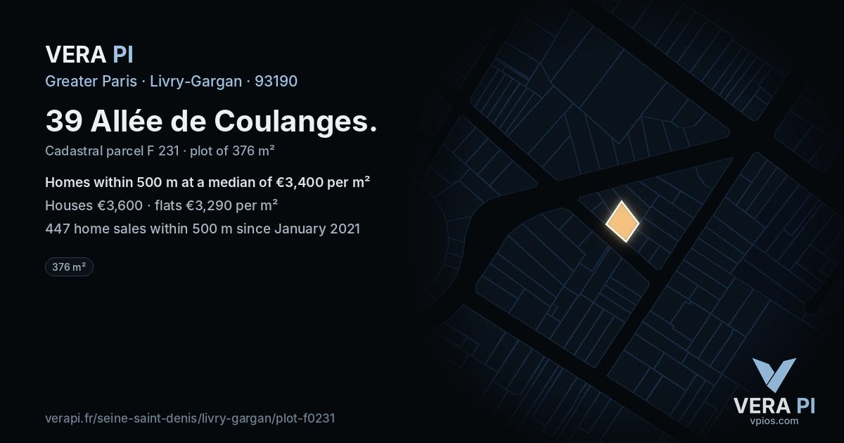 39 Allée de Coulanges, Livry-Gargan at night – the plot lit, the parcels around coloured by the prices near them
