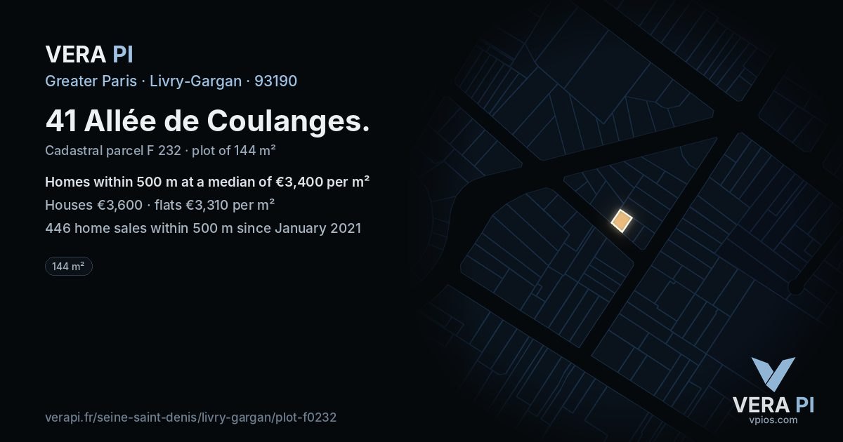41 Allée de Coulanges, Livry-Gargan at night – the plot lit, the parcels around coloured by the prices near them