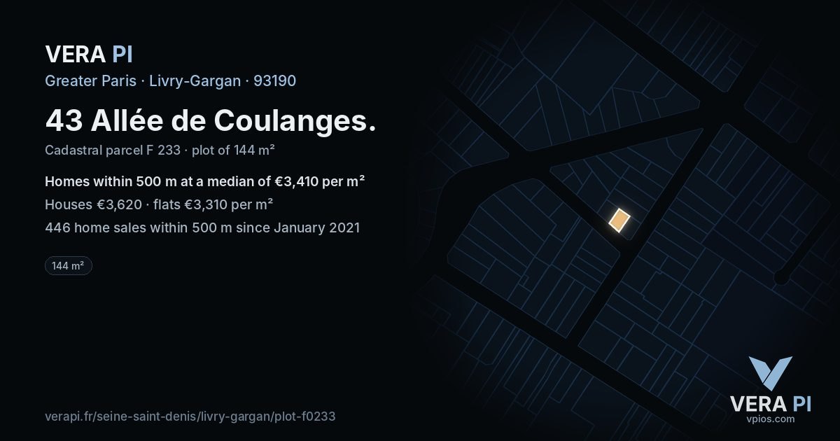 43 Allée de Coulanges, Livry-Gargan at night – the plot lit, the parcels around coloured by the prices near them