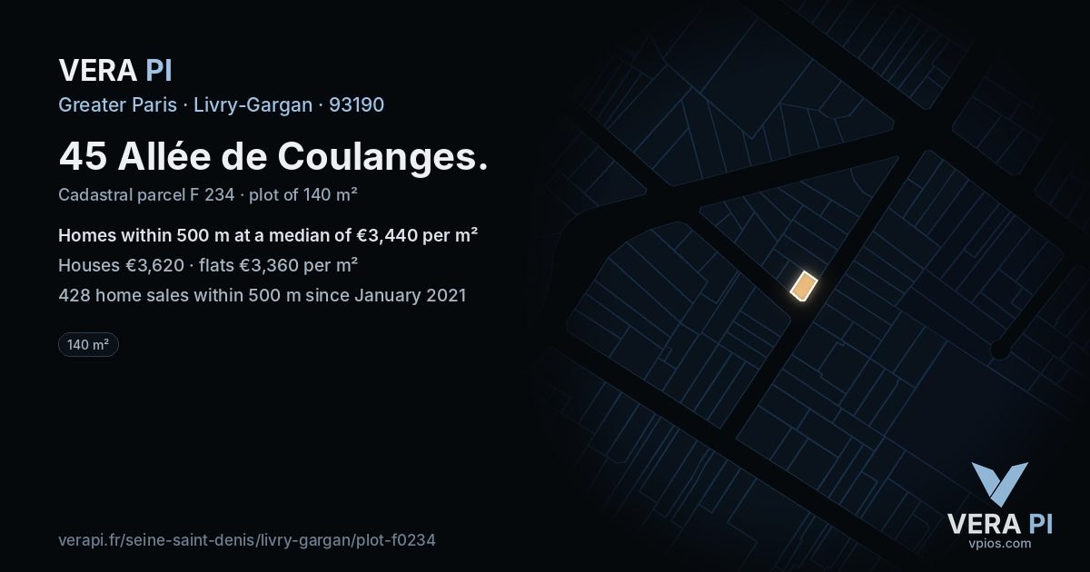 45 Allée de Coulanges, Livry-Gargan at night – the plot lit, the parcels around coloured by the prices near them