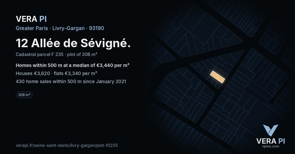 12 Allée de Sévigné, Livry-Gargan at night – the plot lit, the parcels around coloured by the prices near them