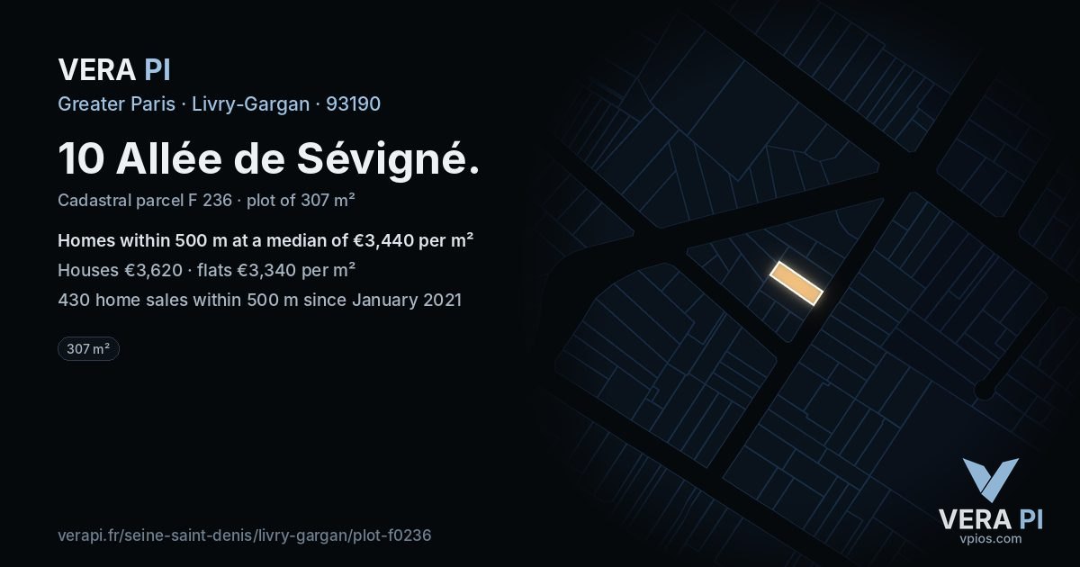 10 Allée de Sévigné, Livry-Gargan at night – the plot lit, the parcels around coloured by the prices near them