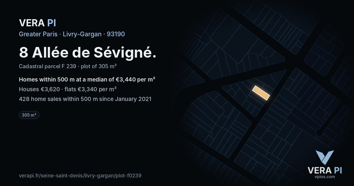 8 Allée de Sévigné, Livry-Gargan at night – the plot lit, the parcels around coloured by the prices near them