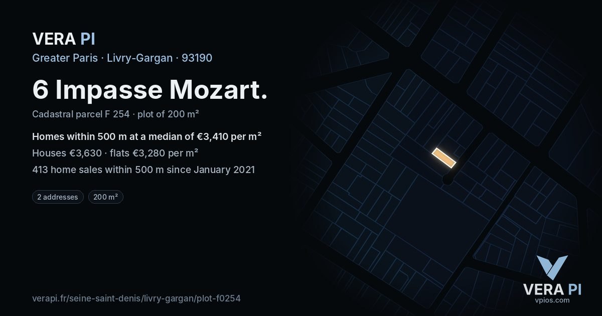6 Impasse Mozart, Livry-Gargan at night – the plot lit, the parcels around coloured by the prices near them