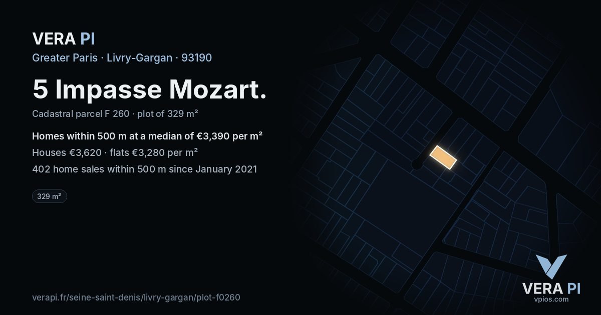 5 Impasse Mozart, Livry-Gargan at night – the plot lit, the parcels around coloured by the prices near them