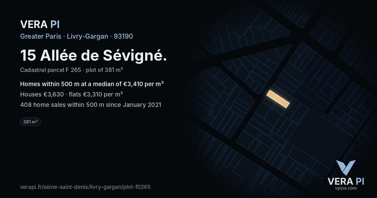 15 Allée de Sévigné, Livry-Gargan at night – the plot lit, the parcels around coloured by the prices near them