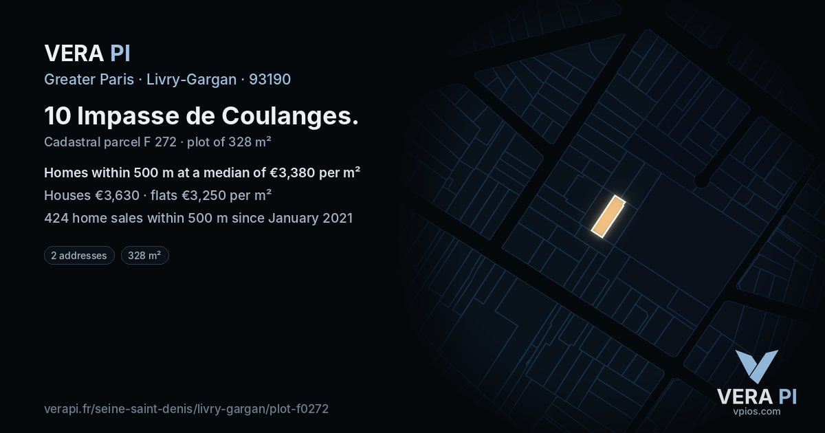 10 Impasse de Coulanges, Livry-Gargan at night – the plot lit, the parcels around coloured by the prices near them