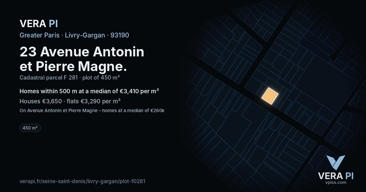 23 Avenue Antonin et Pierre Magne, Livry-Gargan at night – the plot lit, the parcels around coloured by the prices near them