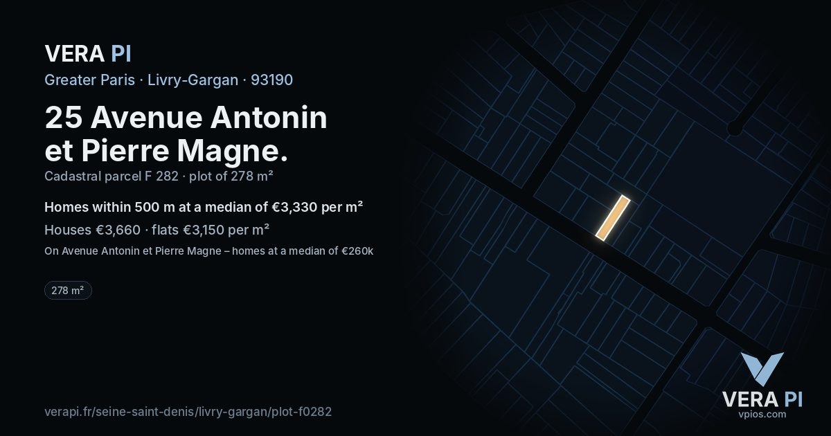 25 Avenue Antonin et Pierre Magne, Livry-Gargan at night – the plot lit, the parcels around coloured by the prices near them