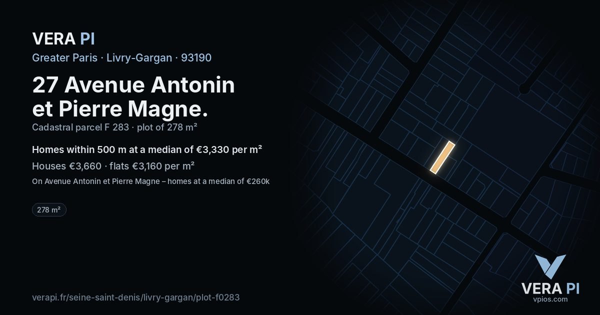 27 Avenue Antonin et Pierre Magne, Livry-Gargan at night – the plot lit, the parcels around coloured by the prices near them