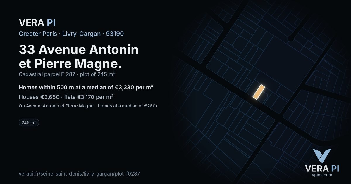 33 Avenue Antonin et Pierre Magne, Livry-Gargan at night – the plot lit, the parcels around coloured by the prices near them