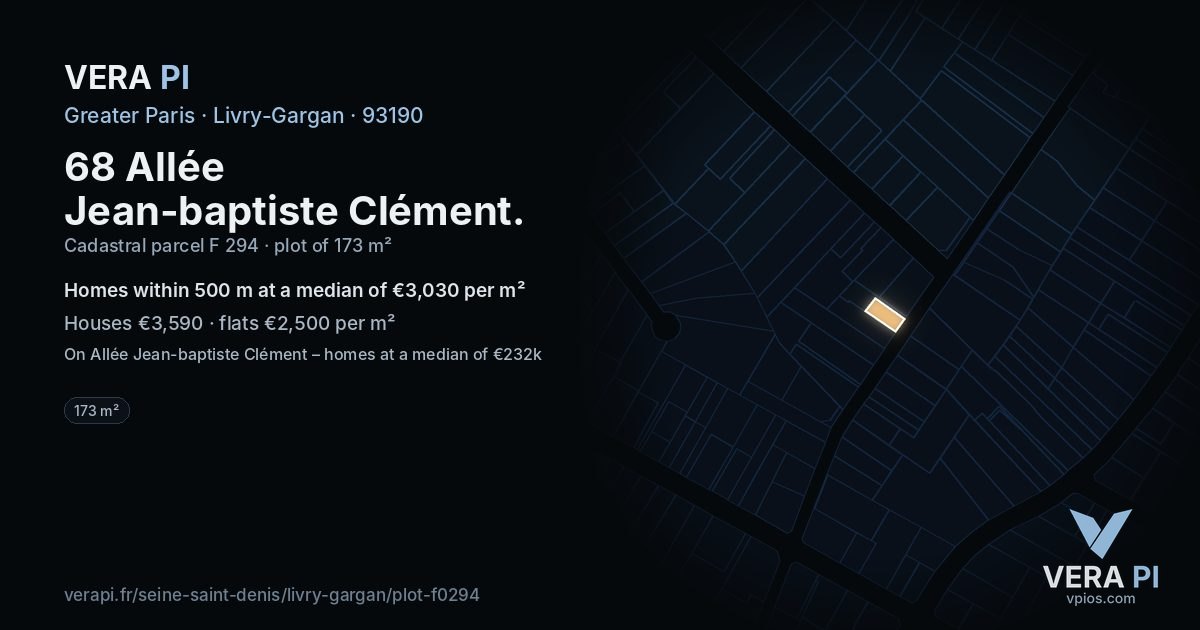 68 Allée Jean-baptiste Clément, Livry-Gargan at night – the plot lit, the parcels around coloured by the prices near them