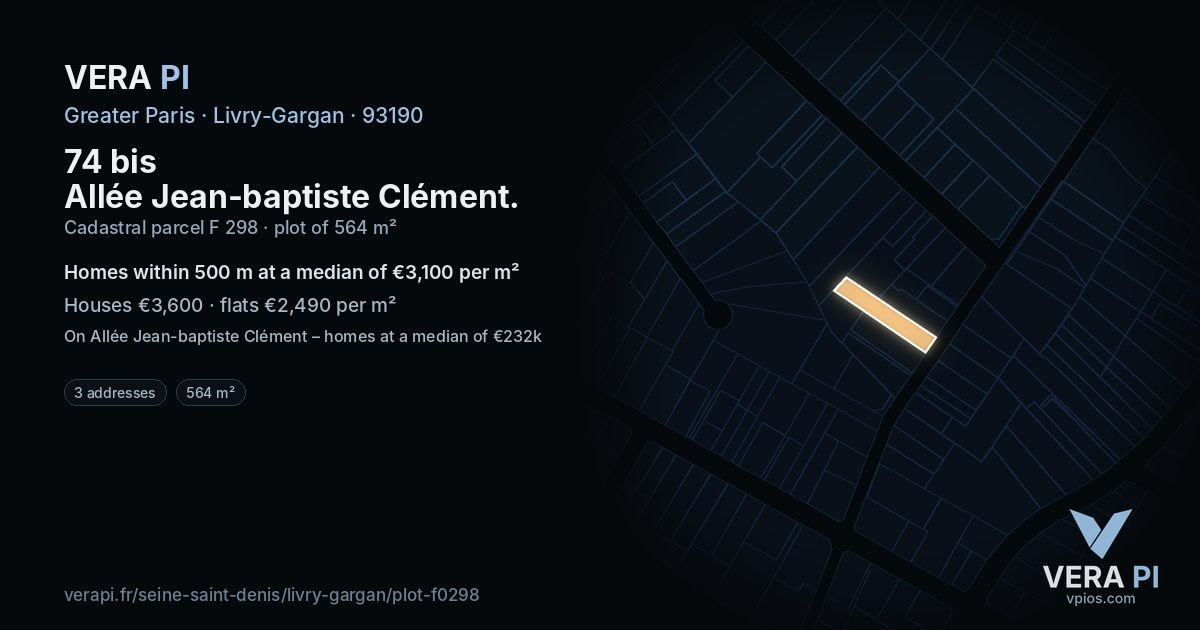 74 bis Allée Jean-baptiste Clément, Livry-Gargan at night – the plot lit, the parcels around coloured by the prices near them