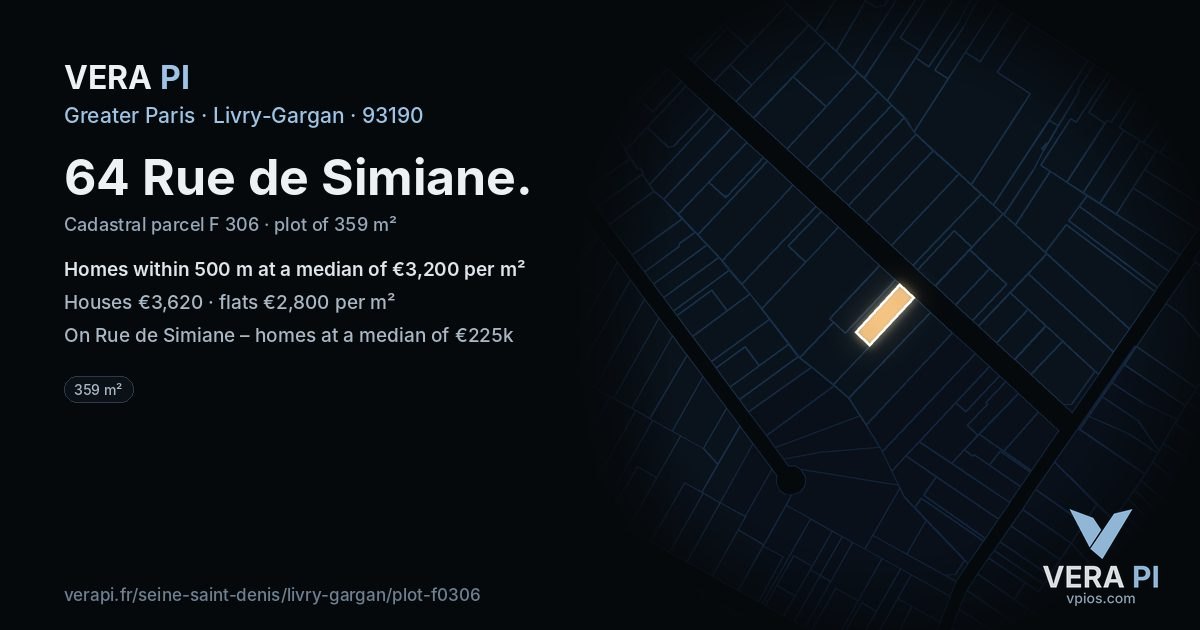 64 Rue de Simiane, Livry-Gargan at night – the plot lit, the parcels around coloured by the prices near them