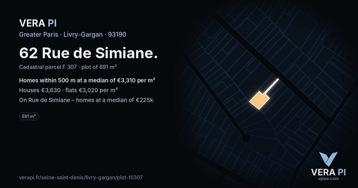 62 Rue de Simiane, Livry-Gargan at night – the plot lit, the parcels around coloured by the prices near them