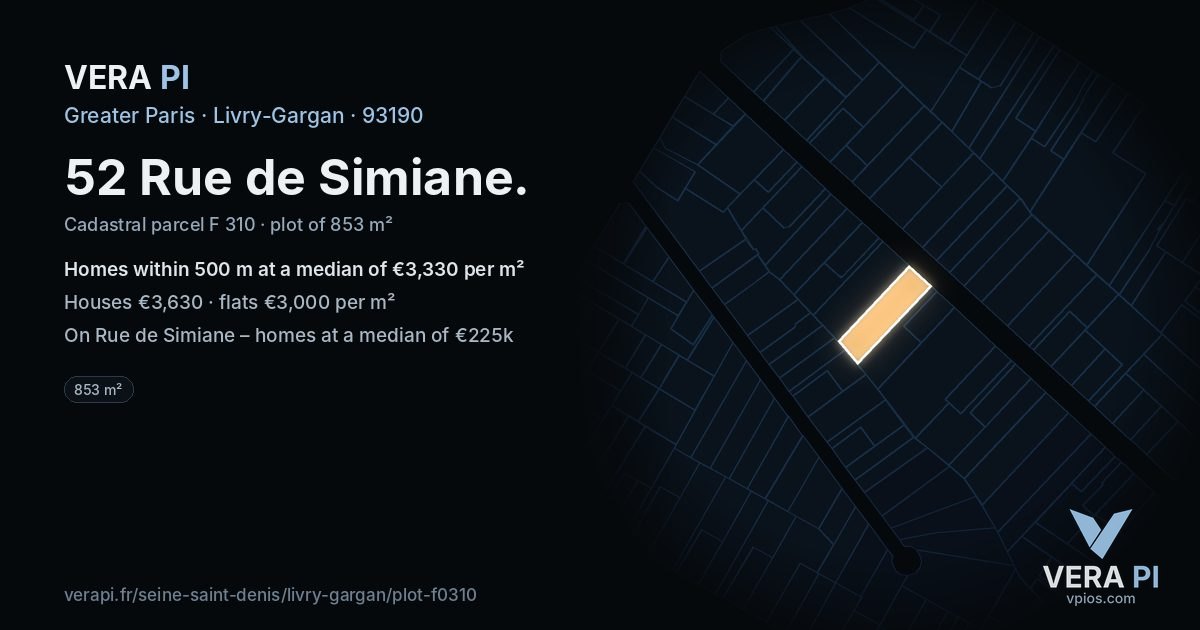 52 Rue de Simiane, Livry-Gargan at night – the plot lit, the parcels around coloured by the prices near them