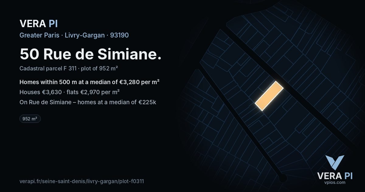 50 Rue de Simiane, Livry-Gargan at night – the plot lit, the parcels around coloured by the prices near them