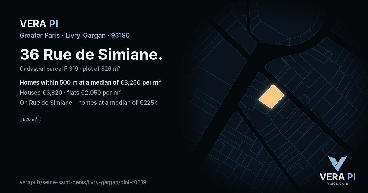 36 Rue de Simiane, Livry-Gargan at night – the plot lit, the parcels around coloured by the prices near them