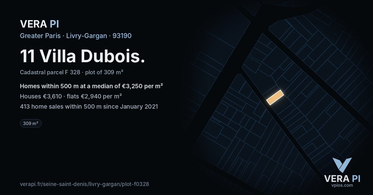 11 Villa Dubois, Livry-Gargan at night – the plot lit, the parcels around coloured by the prices near them