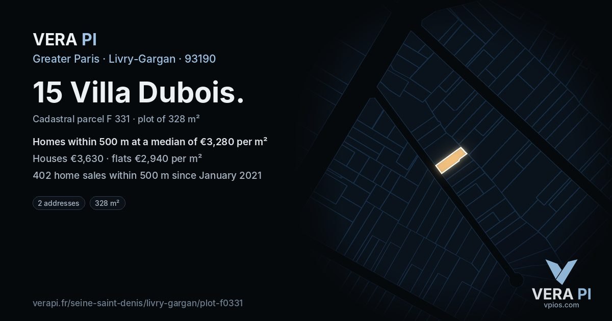 15 Villa Dubois, Livry-Gargan at night – the plot lit, the parcels around coloured by the prices near them