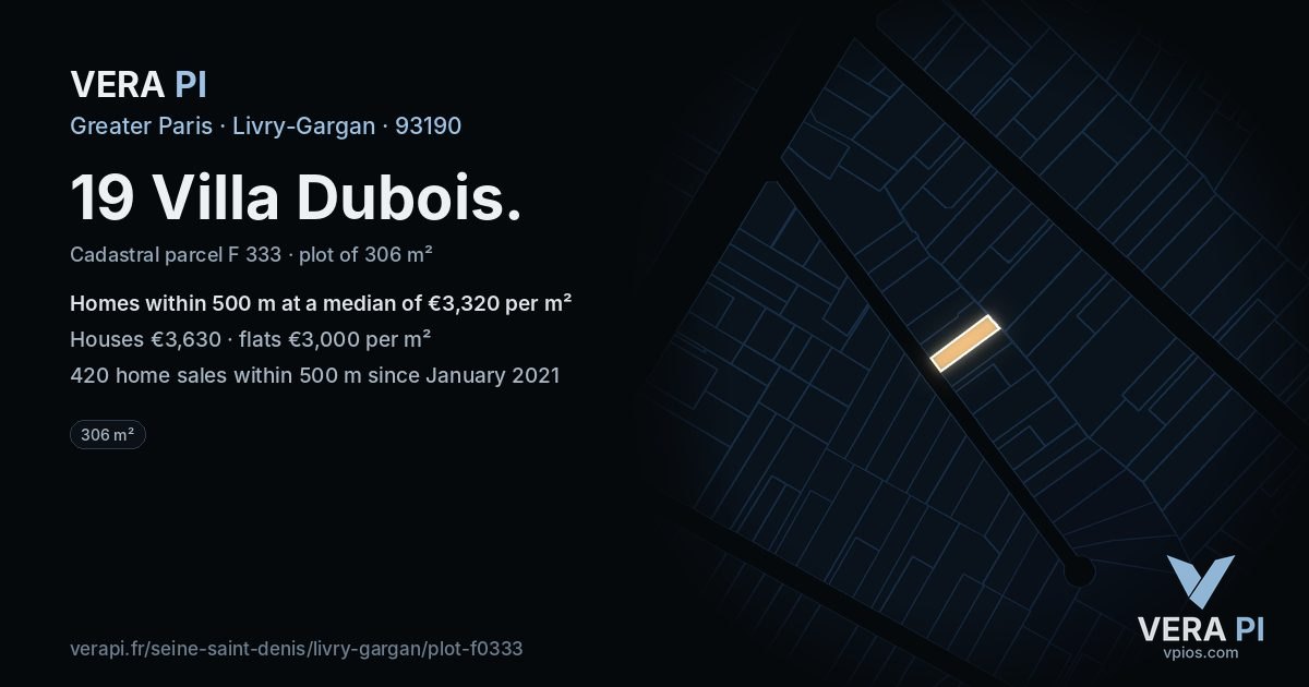 19 Villa Dubois, Livry-Gargan at night – the plot lit, the parcels around coloured by the prices near them