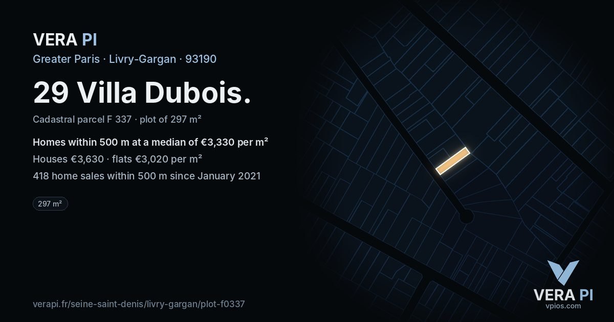 29 Villa Dubois, Livry-Gargan at night – the plot lit, the parcels around coloured by the prices near them