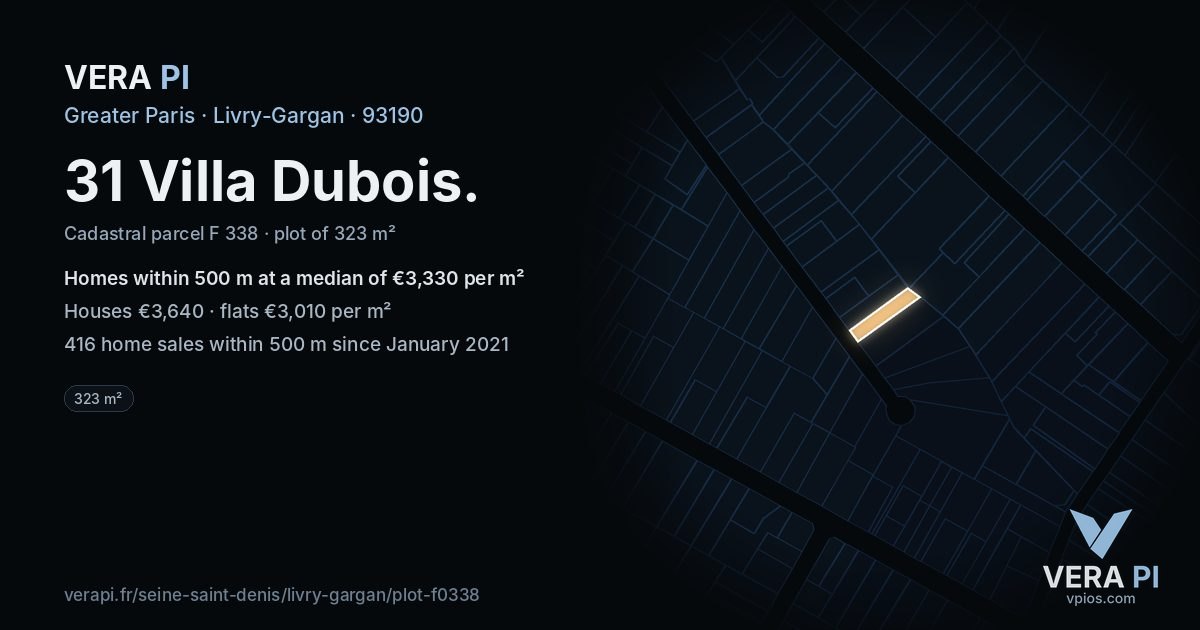 31 Villa Dubois, Livry-Gargan at night – the plot lit, the parcels around coloured by the prices near them